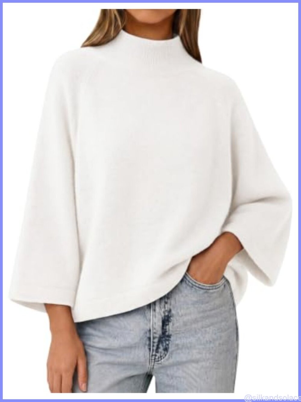 Womens 3/4 Bell Sleeve Oversized Mock Neck Knit Sweater Pullover